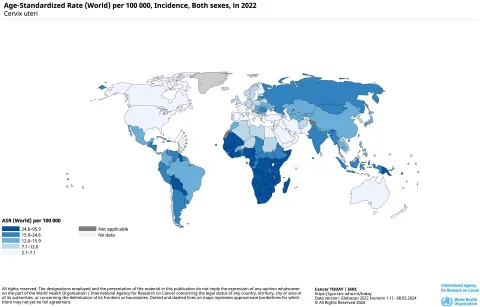 Cervix uteri – Age-Standardized Rate (World) per 100 000, Incidence, Both sexes, in 2022