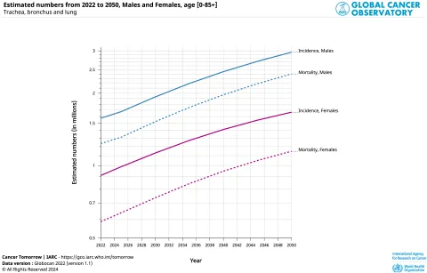 Estimated numbers from 2022 to 2050 for rise in lung cancer cases and deaths