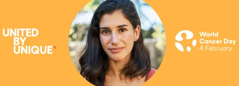 Branded headshot of a woman with black hair, on the left "United by Unique" on the right "World Cancer Day"