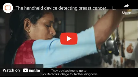 Video thumbnail of the handheld device detecting breast cancer