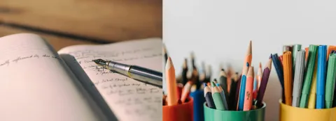 composed image of a notebook and pen on the left, and coloured pencils on the right