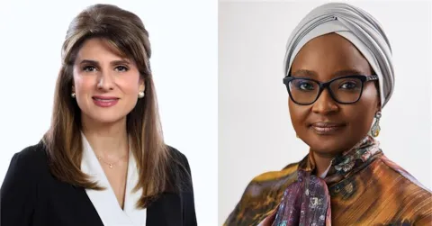 Two side by side head shots of a Middle Eastern woman on the left and Black woman wearing glasses and wearing a headscarf on the right