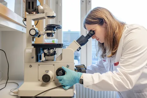 Young woman looking in a microscope