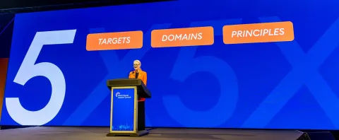 Middle-aged White woman on large stage for the World Cancer Leaders' Summit with a big number 5 on a screen behind her and the words 'targets', 'domains' and 'principles'