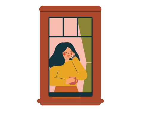 Illustration of woman with dark hair standing by window with mug in hand and on her mobile phone