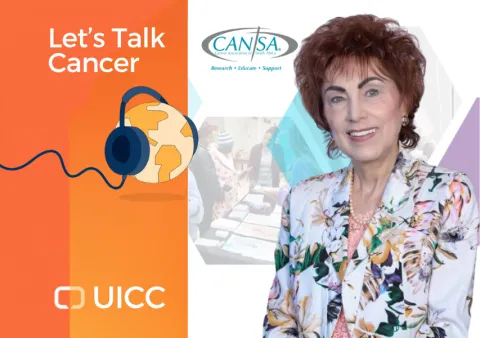UICC podcast-branded banner with headshot of white woman, guest on the show