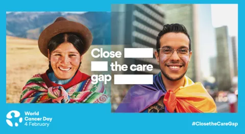 A man and woman of different backgrounds, smiling, with World Cancer Day logo, symbolising the 2022-2024 campaign theme to close the care gap