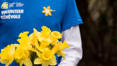 Cropped person holding yellow flowers that symbolise the Canadian Cancer Society.