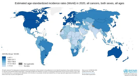 Estimated age-standardized incidence rates (World) in 2020, all cancers, both sexes, all ages. Datasource: Globocan 2020