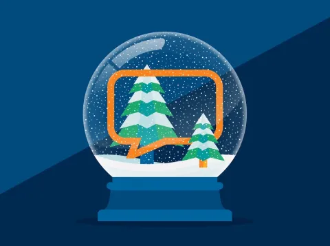 Snowglobe containing UICC speech bubble logo and evergreens