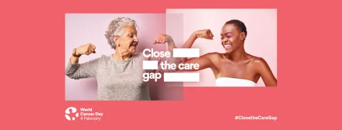 The new World Cancer Day 2022-2024 campaign theme, Close the care gap, is about identifying and addressing the barriers that exist for many people around the world in access the care they need. Older white woman and young black woman looking at each other smiling, showing strength, symbolising the new World Cancer Day campaign theme, "Close the care gap"