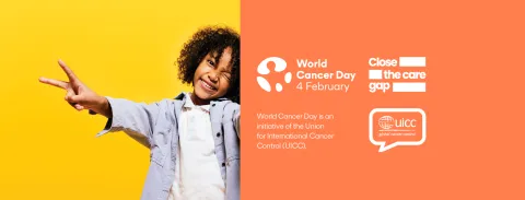 World Cancer Day -branded image of the girl with outstretched hands giving the victory sign