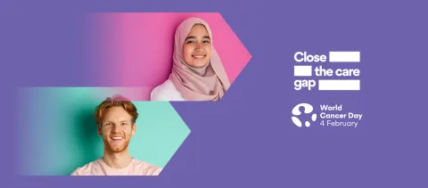 World Cancer Day 2022-2024 campaign image featuring a man and woman of different ethnicities.