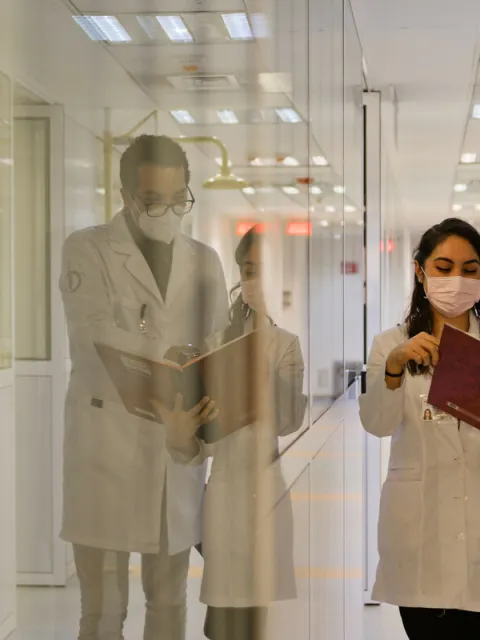 Two doctors consult a document in the hallways of an hospital in Mexico