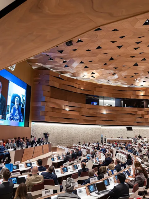 Conference hall at the UN in Geneva for the meeting of the World Health Assembly