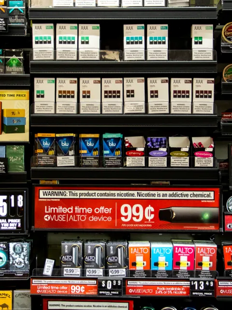 Vape products for sale at a City Park West convenience store. Sept. 30, 2019. (Kevin J. Beaty/Denverite)