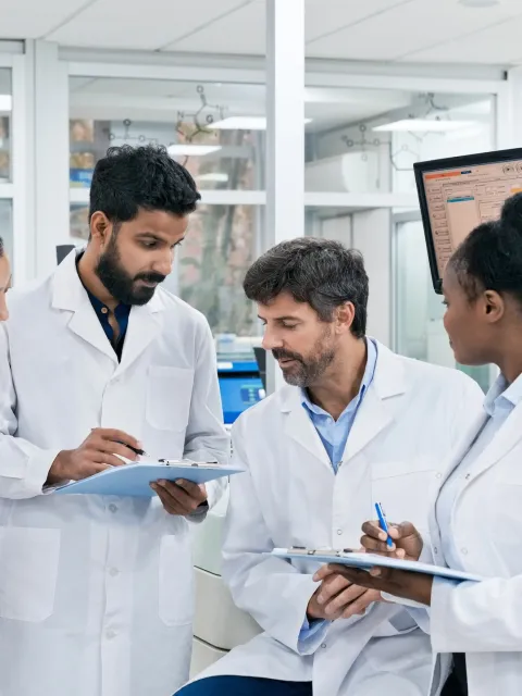 A group of young doctors, two men and two women, of diverse ethnicities