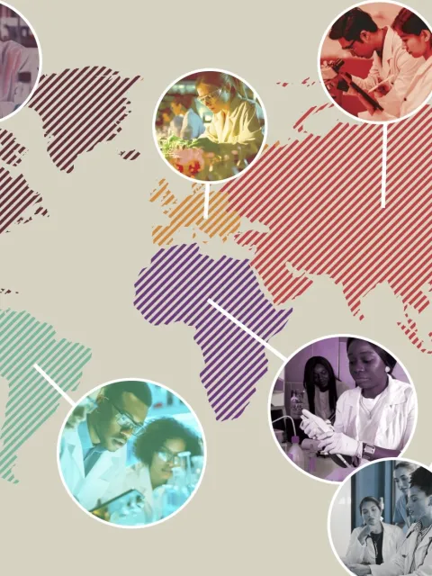 Campaign poster featuring a coloured map of the world with pictures showing health workers and researchers connected to different countries