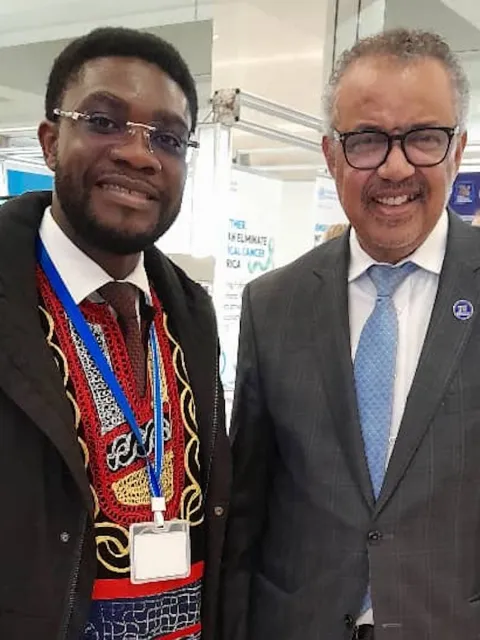 Ferdinant Mbiydzenyuy Sonyuy, CEO of RADA in Cameroon, with Dr Tedros Adhanom Ghebreyesus, Director-General of WHO