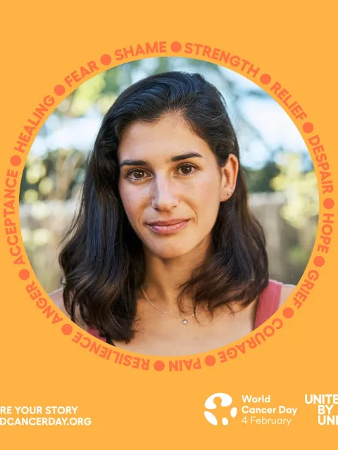Headshot of Latino woman in branded World Cancer Day material