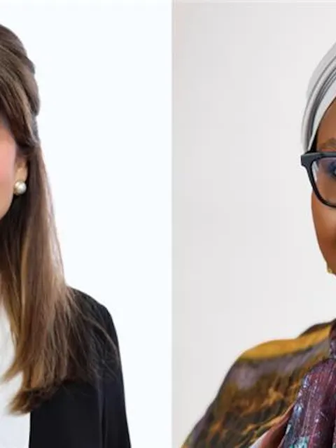 Two side by side head shots of a Middle Eastern woman on the left and Black woman wearing glasses and wearing a headscarf on the right