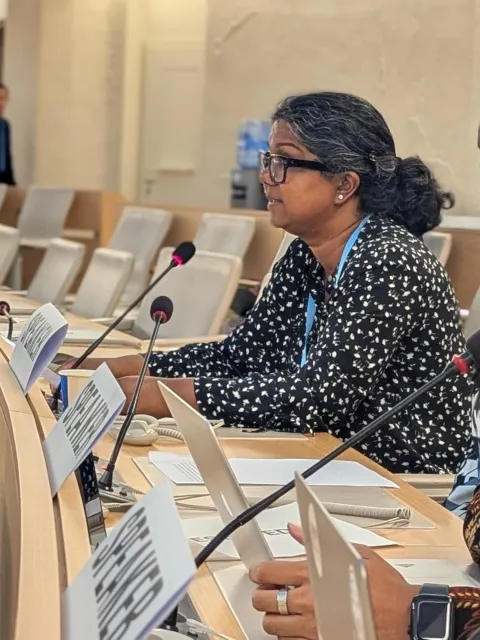 Indian woman giving a statement at the World Health Assembly