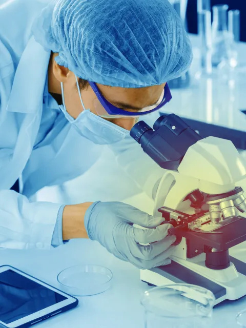 Lab technician looking at samples in a microscope