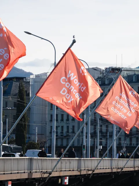 Row of branded World Cancer Day flags on a bridge in Geneva, Switzerland