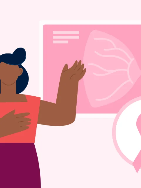 An illustration showing a woman and a graphic representing a breast as well as a pink ribbon