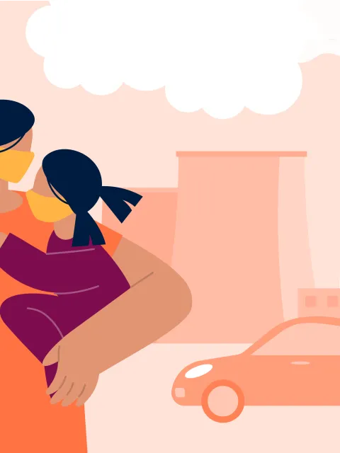 An illustration showing a family with face masks surrounded by pollution from factories and car exhausts, representing cancer and air pollution