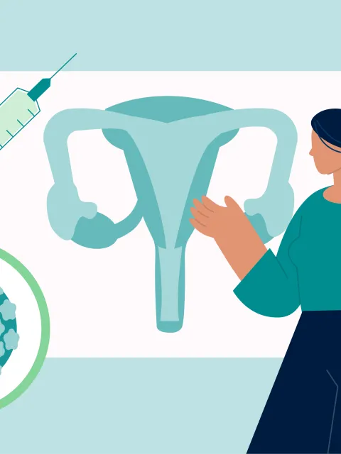 An illustration of a woman in front of a graph with a cervix, a needle and a virus, symbolising cervical cancer elimination