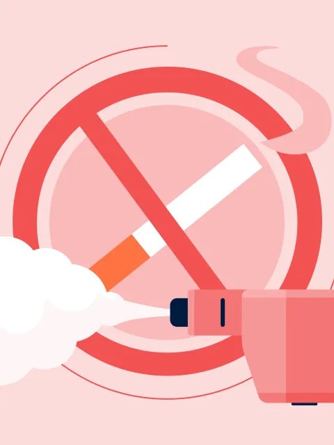 An illustration showing an electronic cigarette and smoke crossed out by a prohibition symbol, symbolising tobacco control and efforts to reduce smoking.