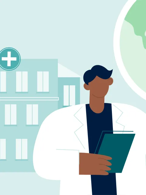 An illustration showing a healthcare professional holding a tablet in front of a hospital and a globe, symbolising universal health coverage and access to care worldwide.