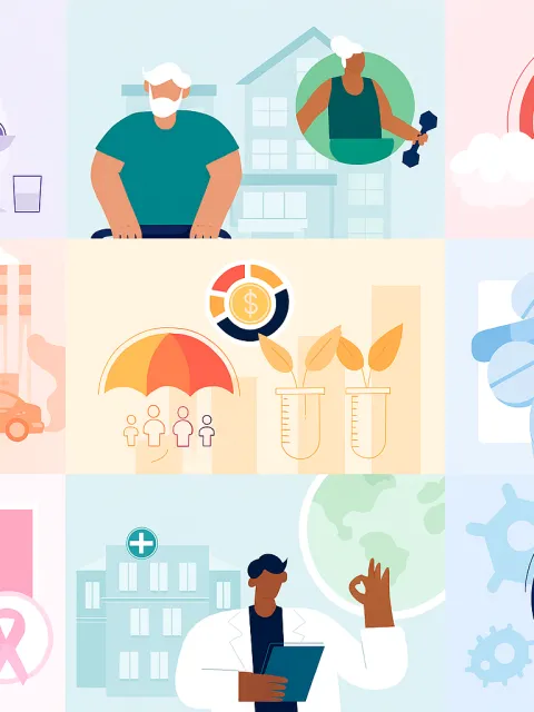 Multiple illustrations representing different thematic areas, such as alcohol, cancer and ageing, tobacco control and others