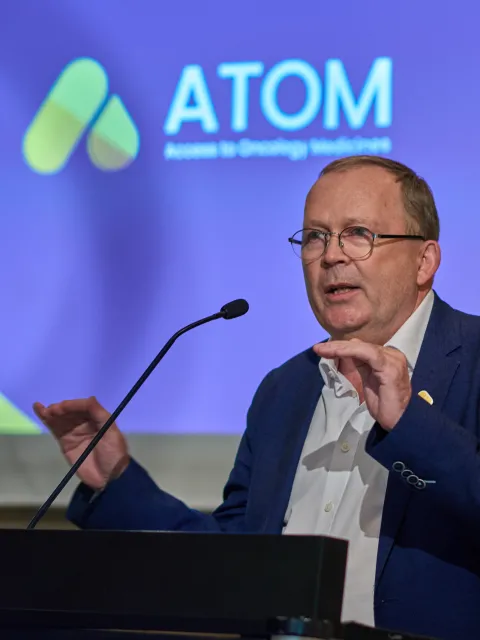 Cary Adams speaking at the ATOM launch