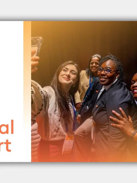 The cover of the UICC 2025 Annual Report featuring a photos of many people taking a selfie