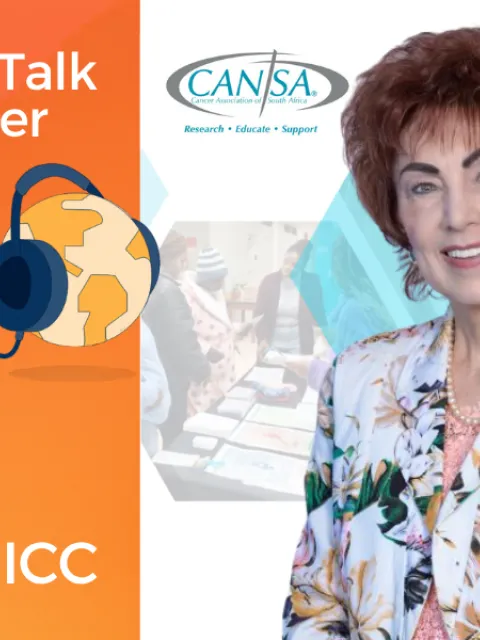 UICC podcast-branded banner with headshot of white woman, guest on the show