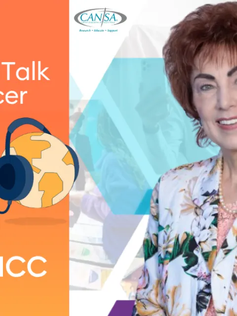UICC podcast-branded banner with headshot of white woman, guest on the show