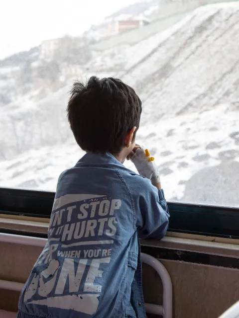 Child looking out a window onto a barren landscape