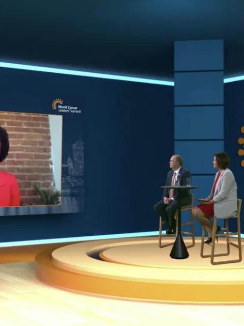 UICC CEO Dr Cary Adams and WCLS 2021 moderator Hannah Vaughan Jones, Emmy-nominated journalist, on the broadcast platform for the 2021 virtual World Cancer Leaders' Summit
