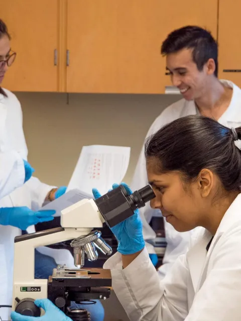 Woman looking through a microscope in a lab
