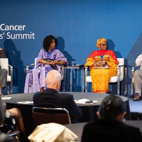 Diverse panel at World Cancer Leaders' Summit branded in background