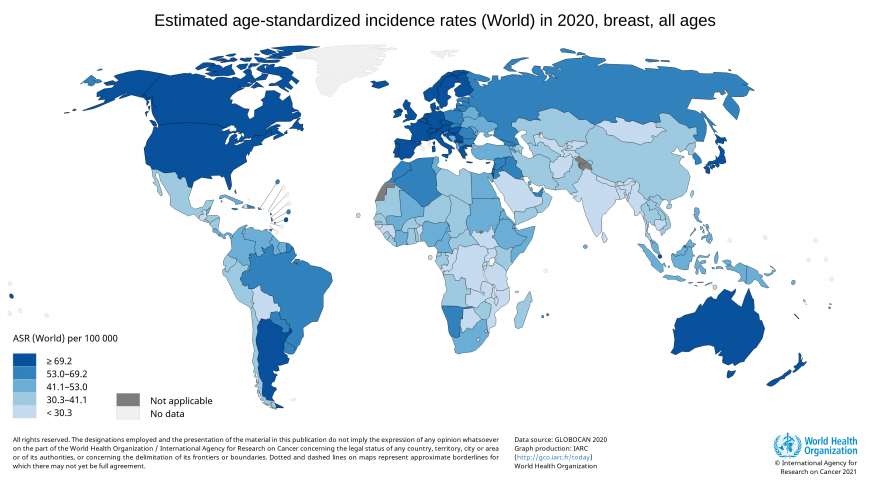Estimated age-standardized incidence rates (World) in 2020, breast, females, all ages
