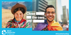 A man and woman of different backgrounds, smiling, with World Cancer Day logo, symbolising the 2022-2024 campaign theme to close the care gap