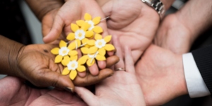 A group of hands holding yellow flowers that symbolise the Canadian Cancer Society