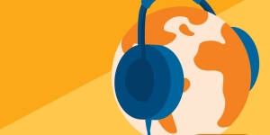 Logo for UICC's let's talk cancer podcast, a globe wearing headphones