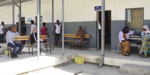 People waiting outside a clinic in a rural area of Ethiopia