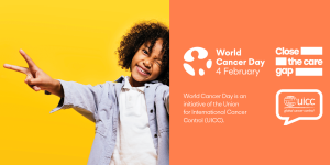 World Cancer Day -branded image of the girl with outstretched hands giving the victory sign