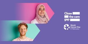 Campaign image for World Cancer Day, featuring WCD and UICC logos, a white man and a young Middle Eastern woman with headscarf