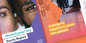 Social media banner promoting the World Cancer Day Equity Report with images from the WCD campaign and inside page of the report